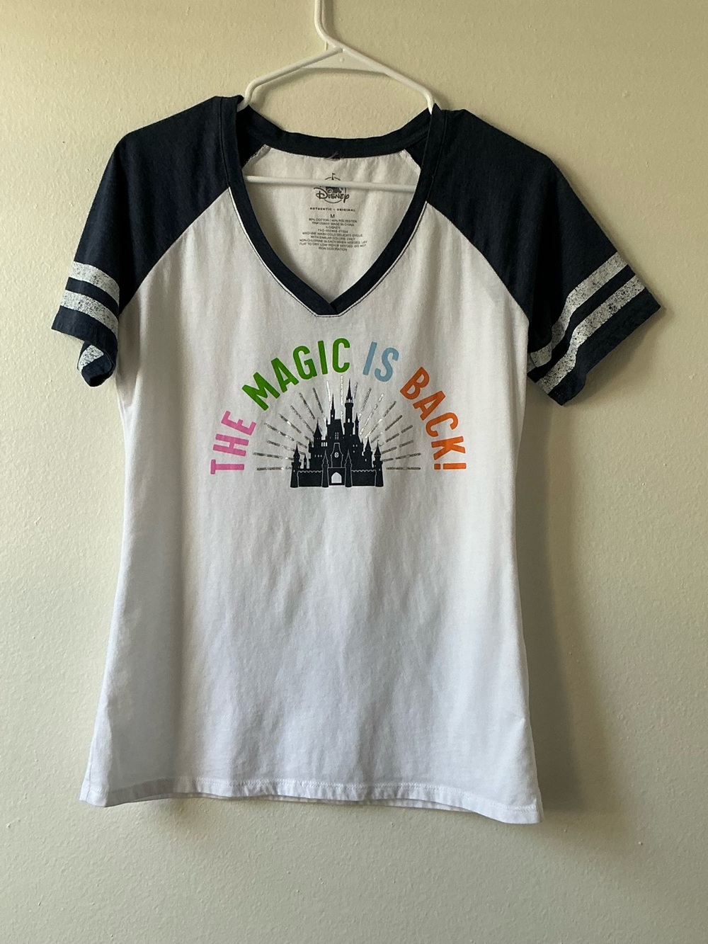 Disney Parks "The Magic Is Back" Castle Raglan Tee-M- Retro Varsity V-Neck
